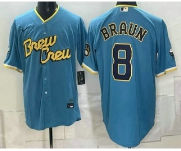 Men's Milwaukee Brewers #8 Ryan Braun Blue 2026 City Connect Stadium Stitched Jersey