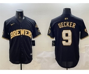 Men's Milwaukee Brewers #9 Bob Uecker Black Gold With Home Patch Limited Stitched Baseball Jersey