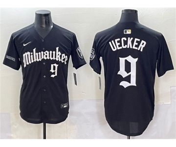 Men's Milwaukee Brewers #9 Bob Uecker Black 'Gothic 414 Shadows Edition' Vapor Premier Limited Stitched Jersey