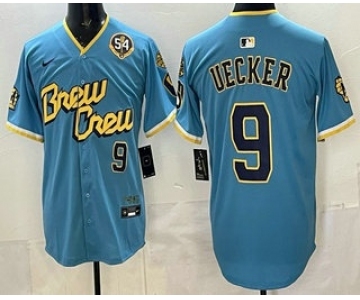Men's Milwaukee Brewers #9 Bob Uecker Blue City Connect Limited Jersey