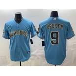 Men's Milwaukee Brewers #9 Bob Uecker Blue With Home & Bob Uecker Patch Stitched Baseball Jersey