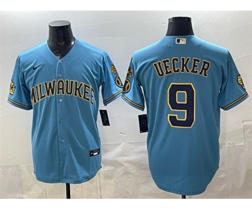 Men's Milwaukee Brewers #9 Bob Uecker Blue With Home & Bob Uecker Patch Stitched Baseball Jersey