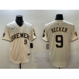 Men's Milwaukee Brewers #9 Bob Uecker Cream With Home Patch Limited Stitched Baseball Jersey