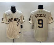 Men's Milwaukee Brewers #9 Bob Uecker Cream With Home Patch Limited Stitched Baseball Jersey