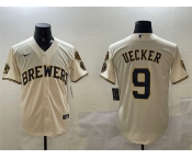 Men's Milwaukee Brewers #9 Bob Uecker Cream With Home Patch Stitched Baseball Jersey