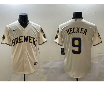 Men's Milwaukee Brewers #9 Bob Uecker Cream With Home Patch Stitched Baseball Jersey