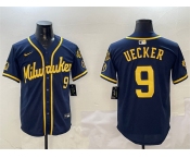 Men's Milwaukee Brewers #9 Bob Uecker Navy With Home Patch Limited Stitched Baseball Jersey