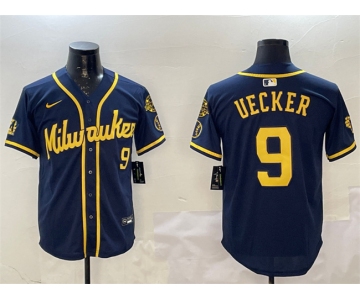 Men's Milwaukee Brewers #9 Bob Uecker Navy With Home Patch Limited Stitched Baseball Jersey