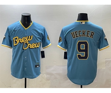 Men's Milwaukee Brewers #9 Bob Uecker Powder Blue City Connect With Patch Cool Base Stitched Jersey