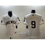 Men's Milwaukee Brewers #9 Bob Uecker White Gold With Home Patch Limited Stitched Baseball Jersey