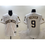 Men's Milwaukee Brewers #9 Bob Uecker White With Home Patch Limited Stitched Baseball Jersey