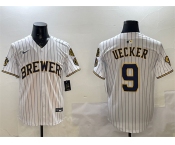 Men's Milwaukee Brewers #9 Bob Uecker White With Home Patch Limited Stitched Baseball Jersey