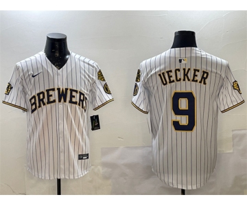 Men's Milwaukee Brewers #9 Bob Uecker White With Home Patch Limited Stitched Baseball Jersey
