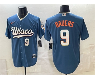 Men's Milwaukee Brewers #9 Jake Bauers Mineral Blue 2026 City Connect Stadium Stitched Baseball Jersey