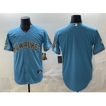 Men's Milwaukee Brewers Blank Blue With Home & Bob Uecker Patch Stitched Baseball Jersey
