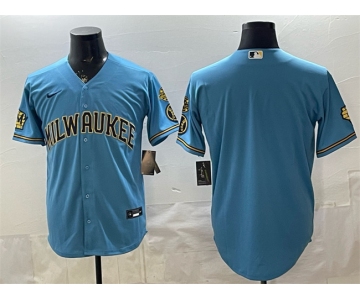 Men's Milwaukee Brewers Blank Blue With Home & Bob Uecker Patch Stitched Baseball Jersey