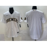 Men's Milwaukee Brewers Blank White Pinstripe 2025 With Patch Stitched Baseball Jersey Men's Milwaukee Brewers Blank White Pinstripe 2025 With Patch Stitched Baseball Jersey