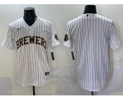 Men's Milwaukee Brewers Blank White Pinstripe 2025 With Patch Stitched Baseball Jersey Men's Milwaukee Brewers Blank White Pinstripe 2025 With Patch Stitched Baseball Jersey