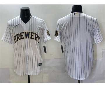 Men's Milwaukee Brewers Blank White Pinstripe 2025 With Patch Stitched Baseball Jersey