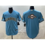 Men's Milwaukee Brewers Team Big Logo Blue With Home & Bob Uecker Patch Stitched Baseball Jersey