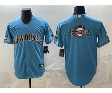 Men's Milwaukee Brewers Team Big Logo Blue With Home & Bob Uecker Patch Stitched Baseball Jersey