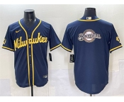 Men's Milwaukee Brewers Team Big Logo Navy 2025 With Patch Stitched Baseball Jersey Men's Milwaukee Brewers Team Big Logo Navy 2025 With Patch Stitched Baseball Jersey