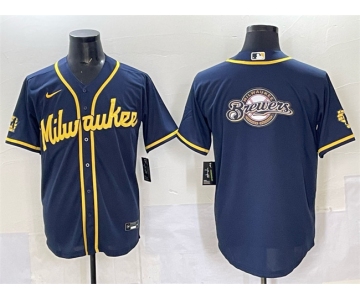 Men's Milwaukee Brewers Team Big Logo Navy 2025 With Patch Stitched Baseball Jersey