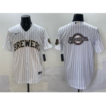 Men's Milwaukee Brewers Team Big Logo White Pinstripe 2025 With Patch Stitched Baseball Jersey Men's Milwaukee Brewers Team Big Logo White Pinstripe 2025 With Patch Stitched Baseball Jersey