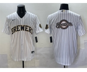 Men's Milwaukee Brewers Team Big Logo White Pinstripe 2025 With Patch Stitched Baseball Jersey Men's Milwaukee Brewers Team Big Logo White Pinstripe 2025 With Patch Stitched Baseball Jersey