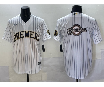 Men's Milwaukee Brewers Team Big Logo White Pinstripe 2025 With Patch Stitched Baseball Jersey