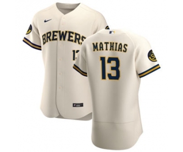 Men's Nike Milwaukee Brewers #13 Mark Mathias Cream Home 2020 Authentic Player Baseball Jersey