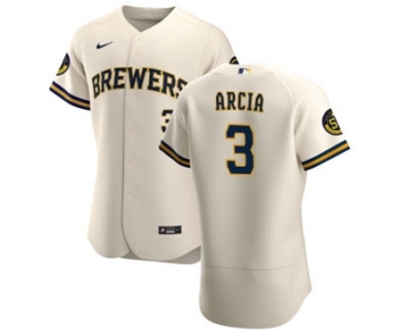 Men's Nike Milwaukee Brewers #3 Orlando Arcia Cream Home 2020 Authentic Player Baseball Jersey