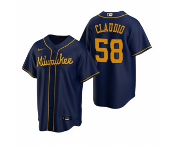 Men's Nike Milwaukee Brewers #58 Alex Claudio Navy Alternate Stitched Baseball Jersey