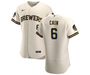 Men's Nike Milwaukee Brewers #6 Lorenzo Cain Cream Home 2020 Authentic Player Baseball Jersey