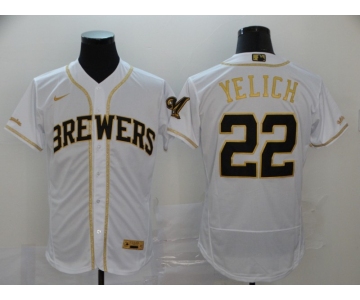 Nike Men's Milwaukee Brewers  #22 Christian Yelich White Gold  Alternate Flex Base Authentic Collection Baseball Jersey