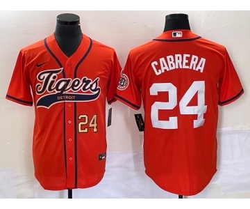 Men's Detroit Tigers #24 Miguel Cabrera Number Orange Cool Base Stitched Baseball Jersey
