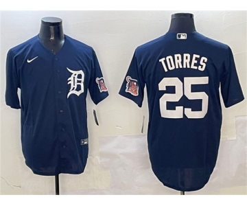 Men's Detroit Tigers #25 Gleyber Torres Navy With Patch Cool Base Stitched Baseball Jersey