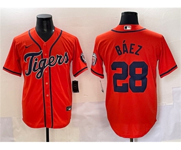Men's Detroit Tigers #28 Javier Báez Orange With Patch Cool Base Stitched Baseball Jersey