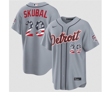 Men's Detroit Tigers #29 Tarik Skubal Grey 2026 USA 250 Fourth of July Stitched Baseball Jersey