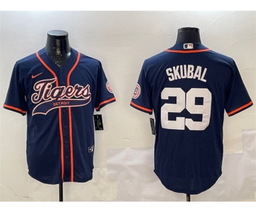 Men's Detroit Tigers #29 Tarik Skubal Navy With Patch Cool Base Stitched Baseball Jersey