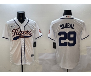 Men's Detroit Tigers #29 Tarik Skubal White With Patch Cool Base Stitched Baseball Jersey