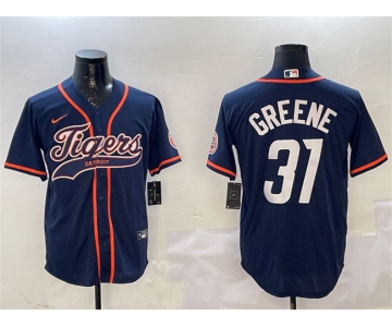 Men's Detroit Tigers #31 Riley Greene Navy With Patch Cool Base Stitched Baseball Jersey