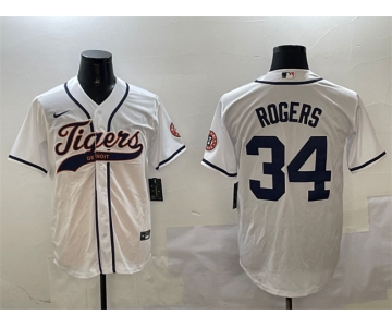 Men's Detroit Tigers #34 Jake Rogers White With Patch Cool Base Stitched Baseball Jersey