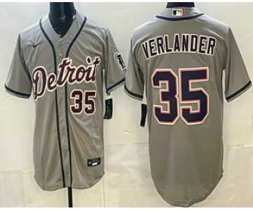 Men's Detroit Tigers #35 Justin Verlander Grey Number Cool Base Jersey