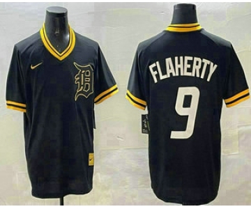 Men's Detroit Tigers #9 Jack Flaherty Black Gold Nike Cooperstown Legend V Neck Jersey