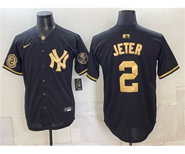 Men's New York Yankees #2 Derek Jeter Black Gold With Patch Stitched Baseball Jersey