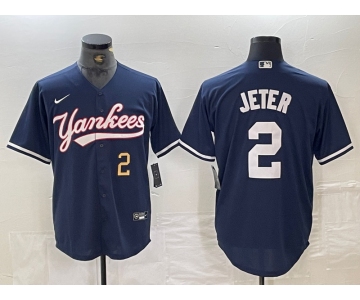 Men's New York Yankees #2 Derek Jeter Number Navy Cool Base Stitched Baseball Jersey