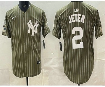 Men's New York Yankees #2 Derek Jeter Olive Pinstripe 2026 Armed Forces Day Salute To Service Jersey