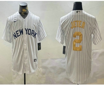 Men's New York Yankees #2 Derek Jeter White Pinstripe Name Fashion Cool Base Jersey