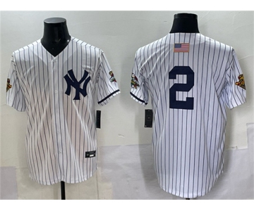 Men's New York Yankees #2 Derek Jeter White Strip World Series Limited Stitched Baseball Jersey